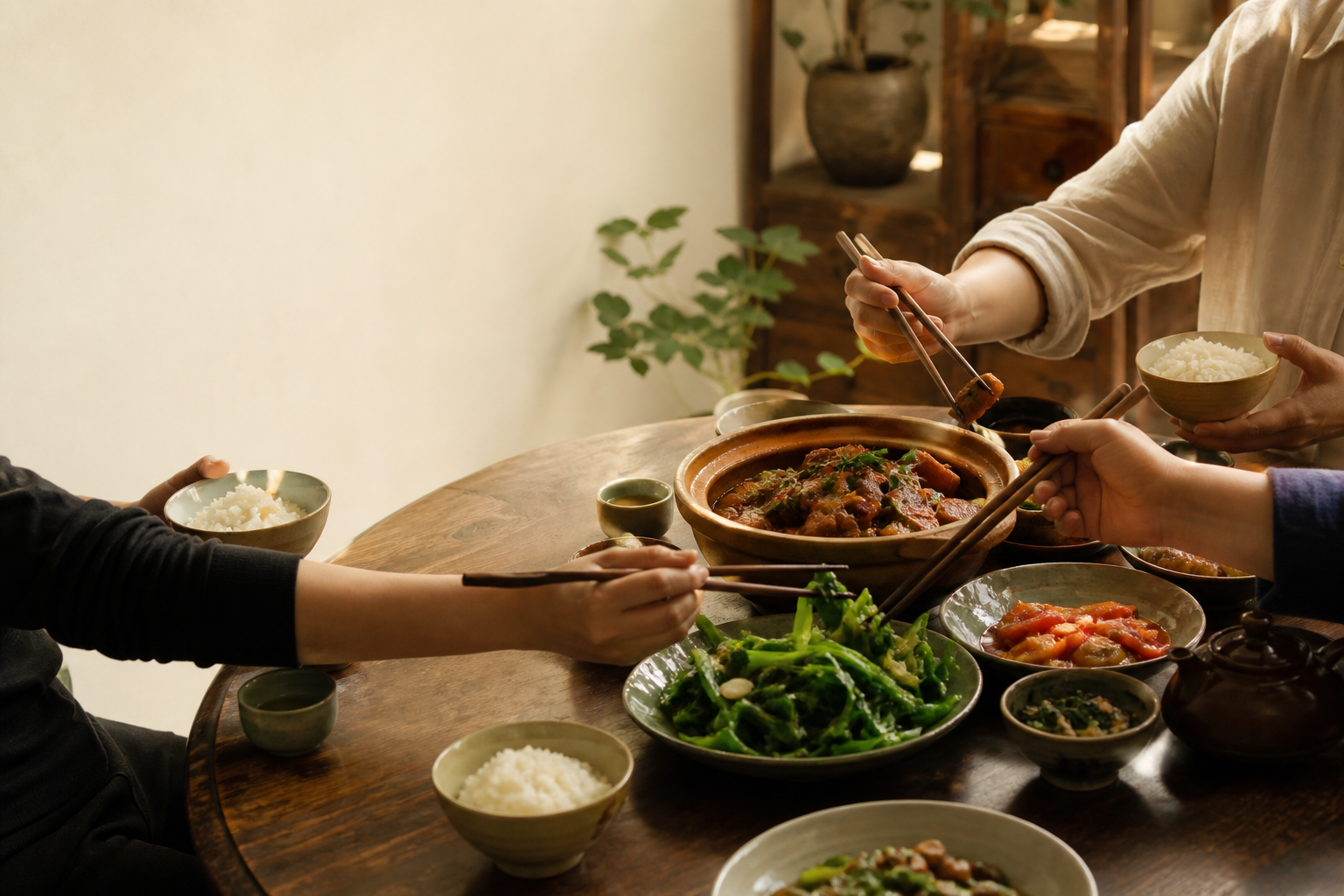 家人与朋友围坐在木桌旁,分享米饭和家常菜